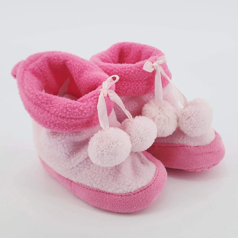 Baby Girl Pink Fleece Pom Pom Slipper Booties‎ Non-Slip XS 3-4 Infant Shoes